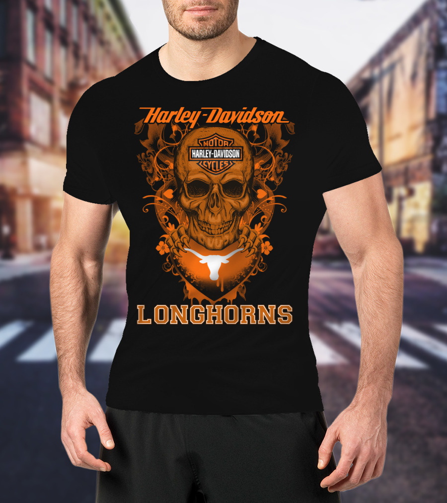 Harley Davidson Motor Cycles Skull Texas Longhorns T-Shirt