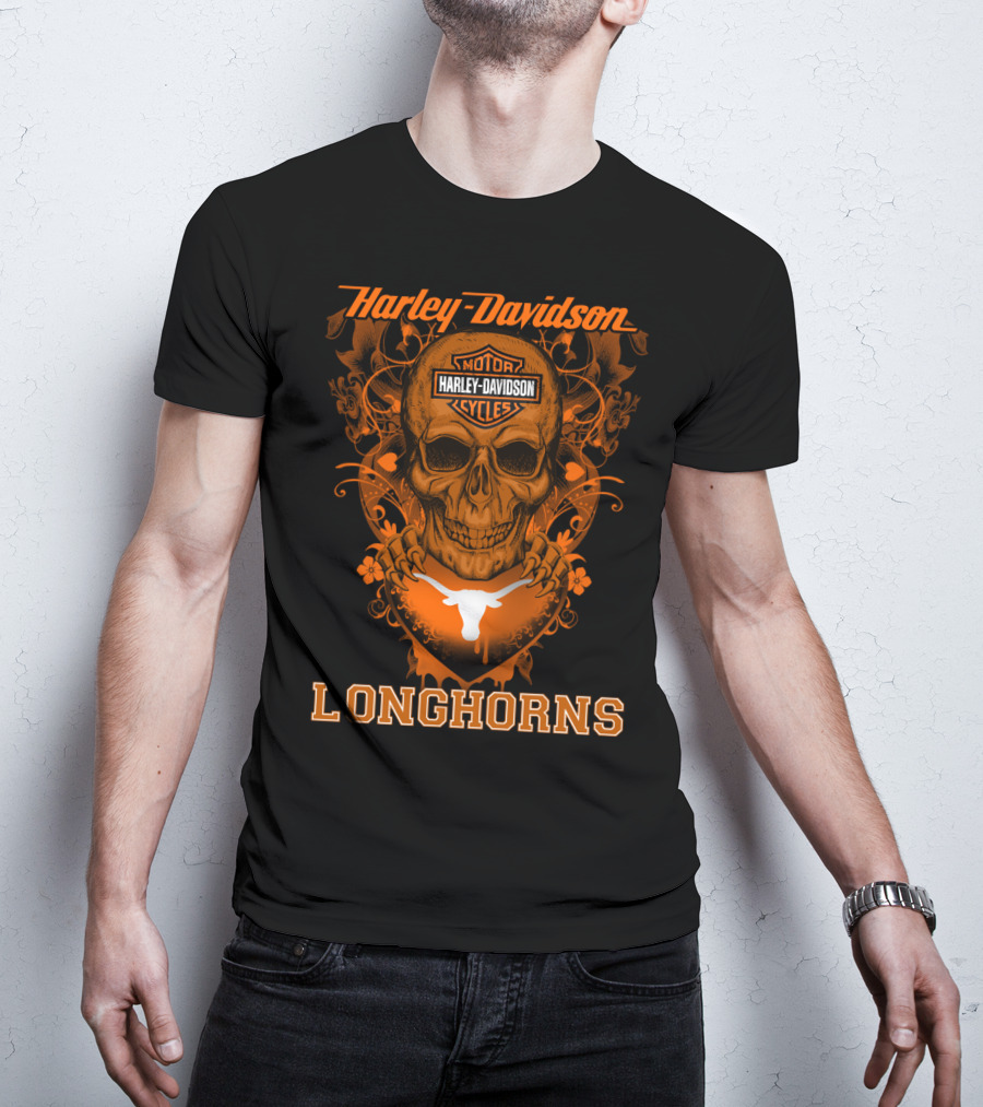 Harley Davidson Motor Cycles Skull Texas Longhorns T-Shirt