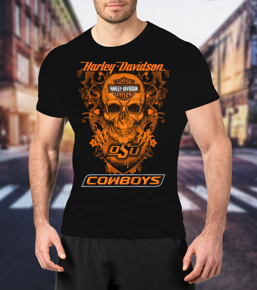 Harley Davidson Motor Cycles Osu Cowboys Skull T-Shirt