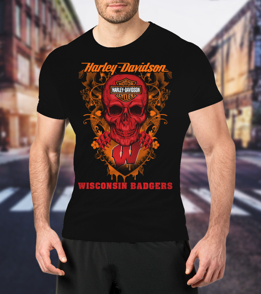 Harley Davidson Skull Motorcycles Wisconsin Badgers T-Shirt