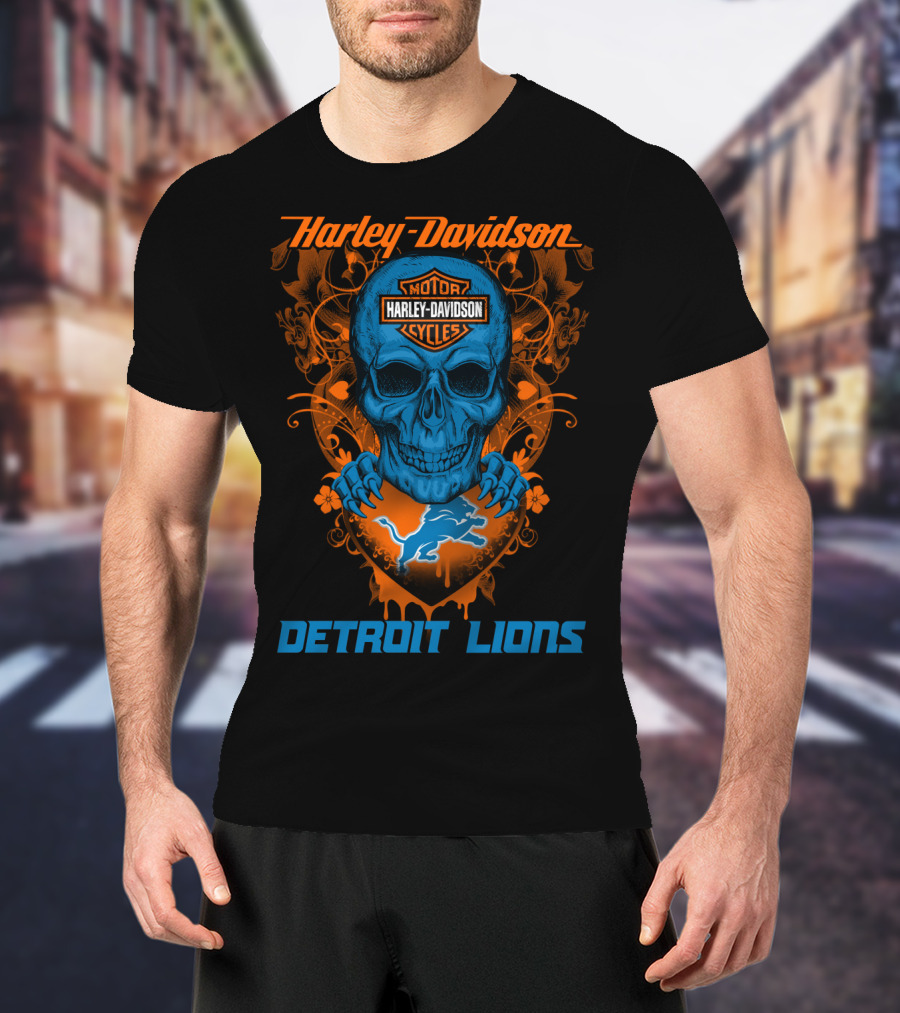 Harley Davidson Motor Detroit Lions Skull T-Shirt
