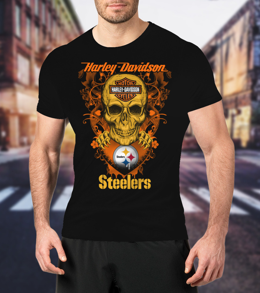 Harley Davidson Motorcycles Skull With Pittsburgh Steelers T-Shirt