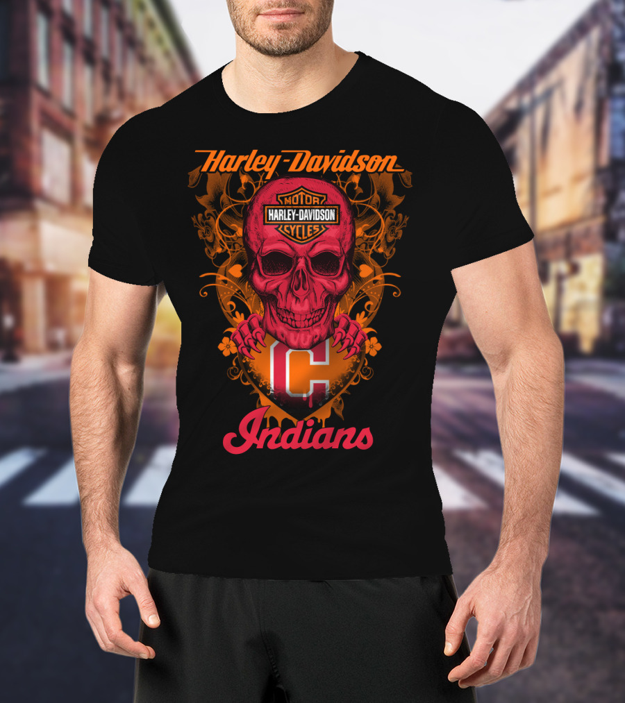 Harley Davidson Motor Cycles Skull Cleveland Indians T-Shirt