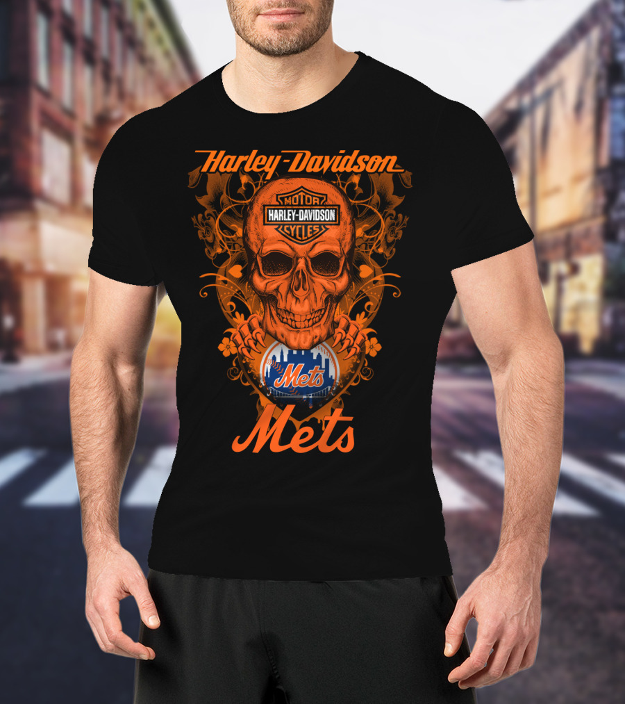Harley Davidson Motor Cycles Skull New York Mets T-Shirt