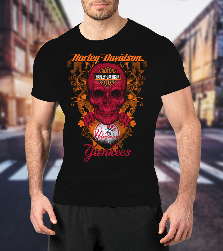 Harley Davidson Motor Cycles Skull Yankees T-Shirt