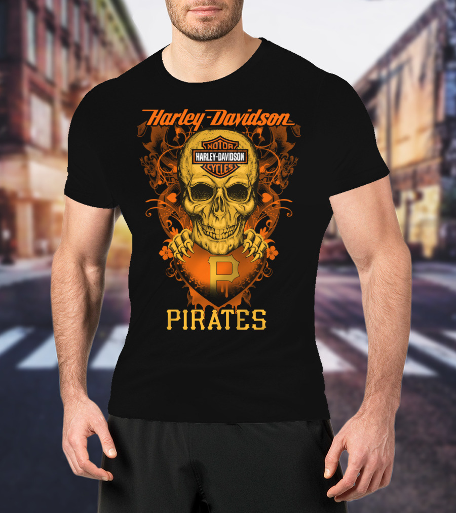 Harley Davidson Motor Cycles Skull Pittsburgh Pirates T-Shirt