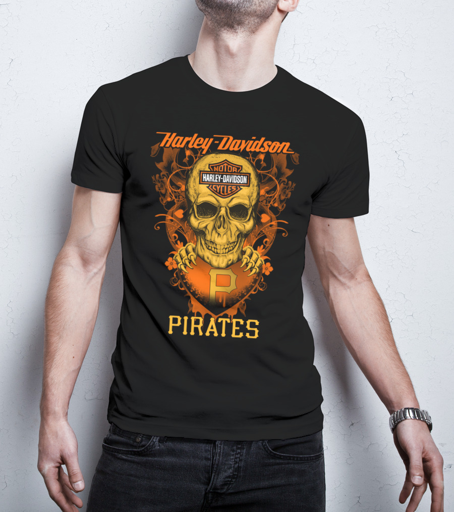 Harley Davidson Motor Cycles Skull Pittsburgh Pirates T-Shirt