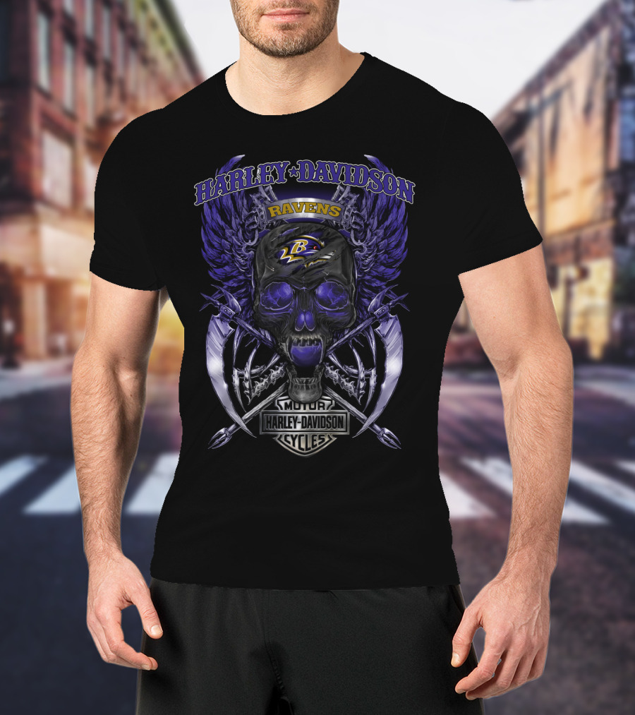 Harley Davidson Motor Cycles Ravens Baltimore L B Logo Skull And Wings T-Shirt