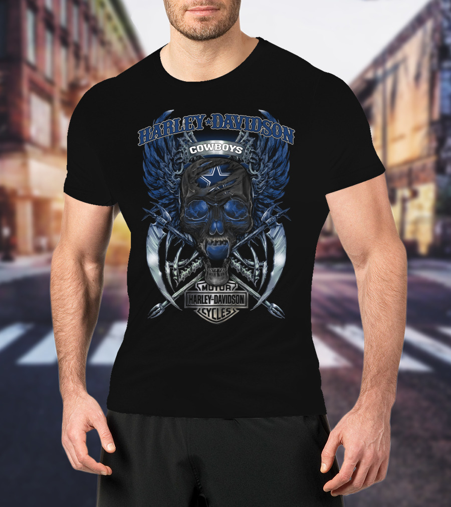 Harley Davidson Cowboys Skull With Blue Wings And Dallas Star T-Shirt
