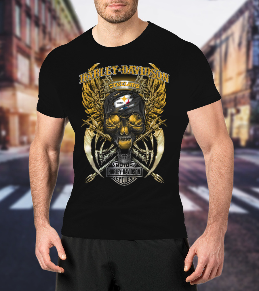 Harley Davidson Steelers Skull With Wings And Swords T-Shirt