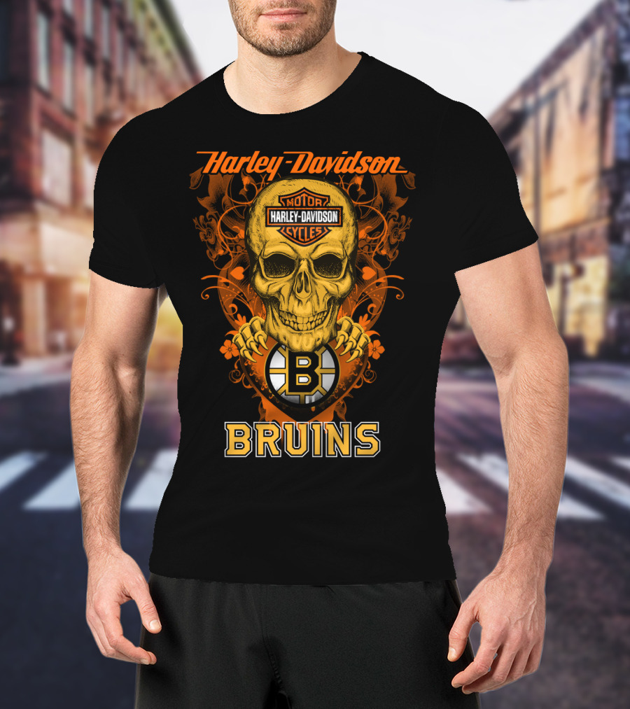 Harley Davidson Motor Cycles Skull Boston Bruins Nhl T-Shirt