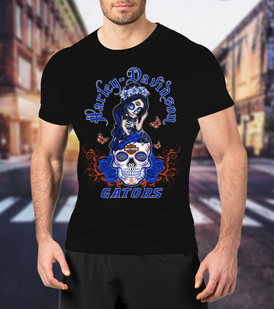 Harley Davidson Florida Gators Skull With Blue Roses And Butterflies T-Shirt