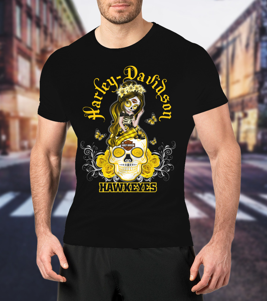 Harley Davidson Iowa Hawkeyes Day Of The Dead Girl With Skull And Butterflies T-Shirt