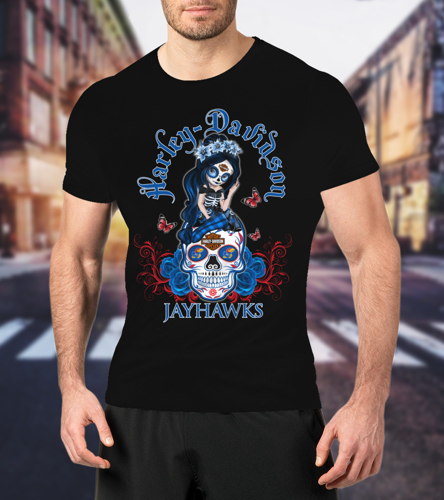 Harley Davidson Jayhawks Motorcycle Style With Day Of The Dead Skull And Butterflies T-Shirt