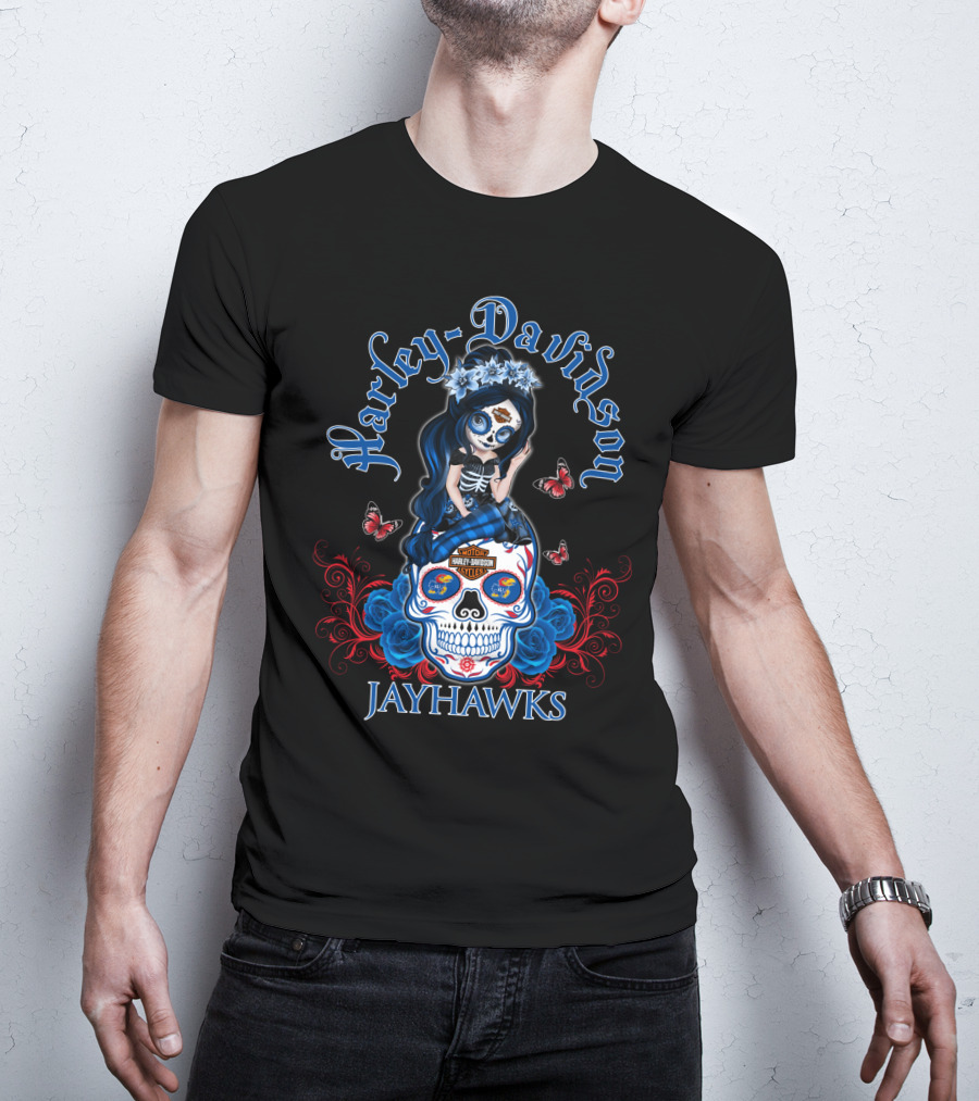 Harley Davidson Jayhawks Motorcycle Style With Day Of The Dead Skull And Butterflies T-Shirt