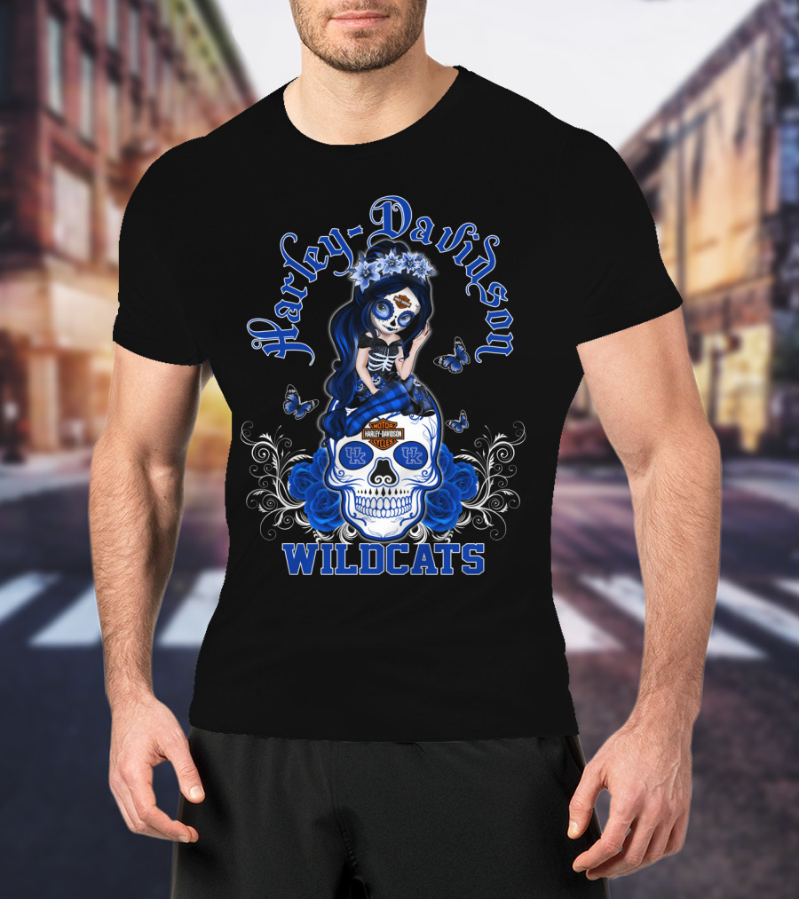 Harley Davidson Kentucky Wildcats Skull Girl With Blue Roses And Butterflies T-Shirt