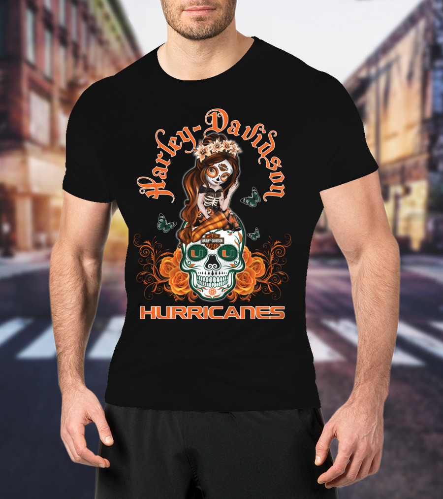 Harley Davidson Miami Hurricanes Butterfly Skull Roses T-Shirt