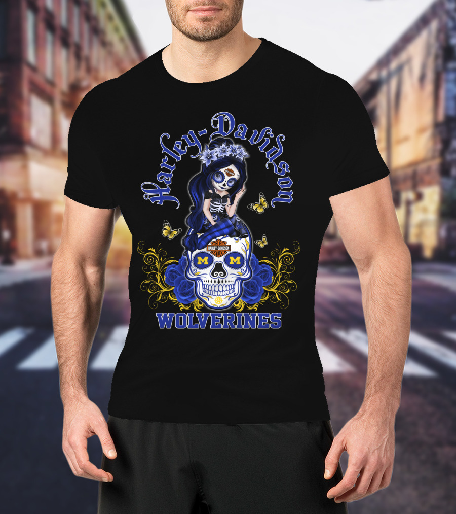 Harley Davidson Michigan Wolverines Skull Girl With Butterflies And Blue Roses T-Shirt