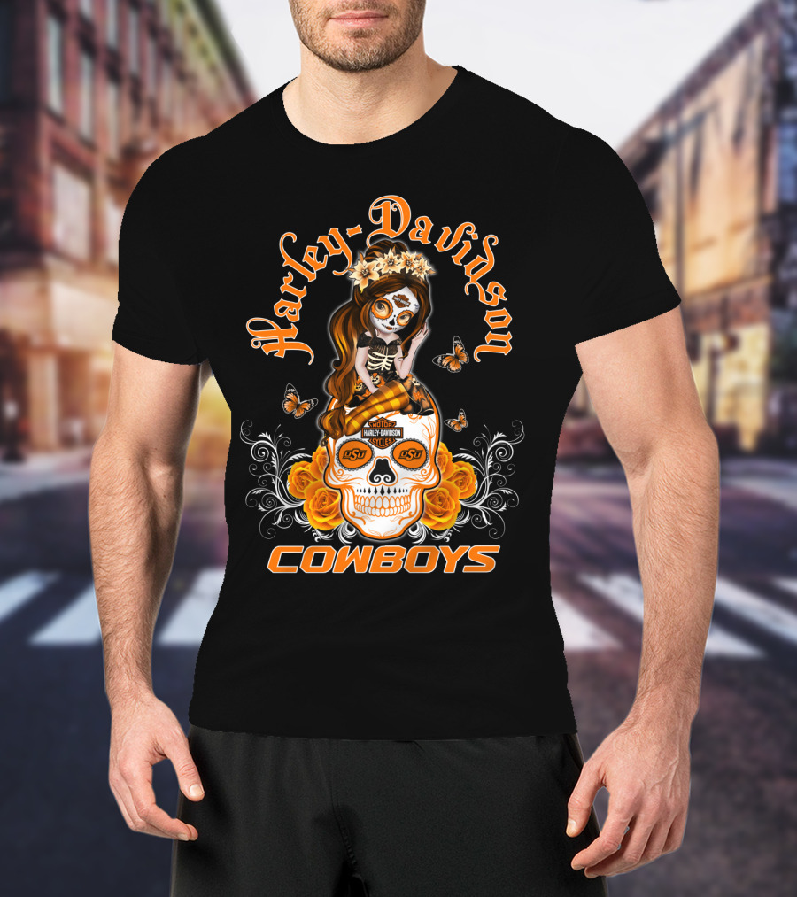Harley Davidson Osu Cowboys Sugar Skull Roses Butterfly T-Shirt