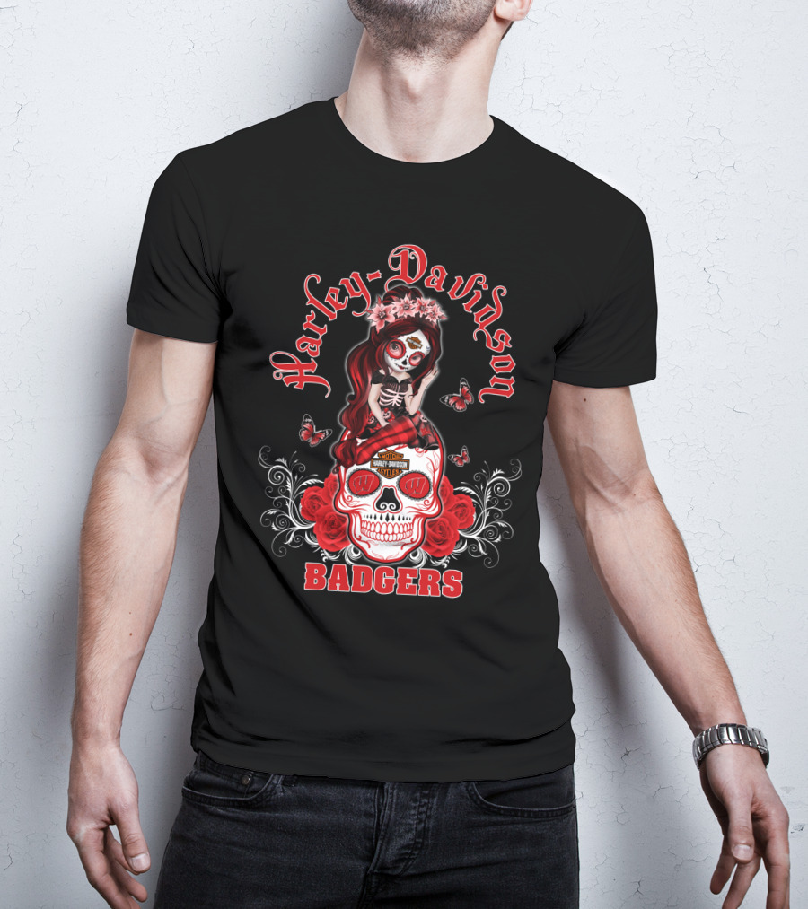 Harley Davidson Wisconsin Badgers Skull Rose Blossoms T-Shirt