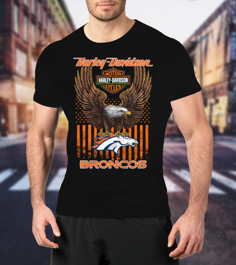Harley Davidson Motor Cycles Denver Broncos Eagle American Flag T-Shirt