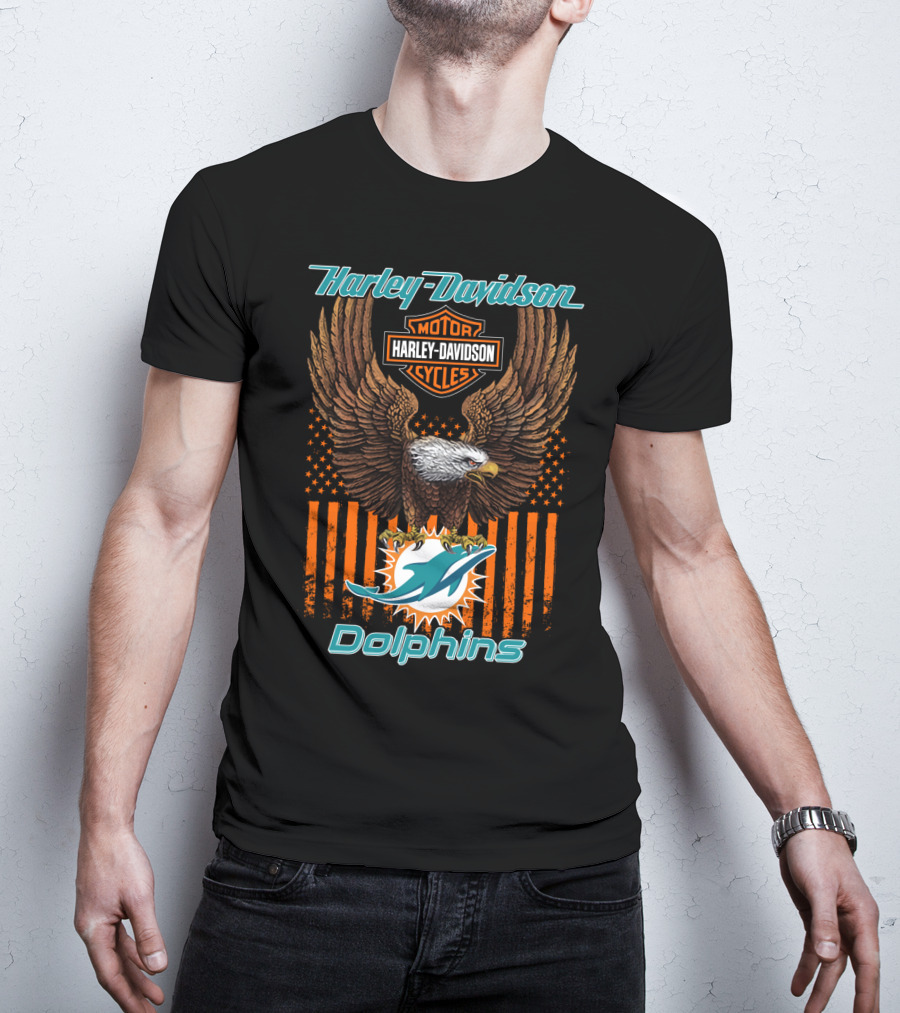 Harley Davidson Motor Cycles Miami Dolphins Eagle Stars Stripes T-Shirt