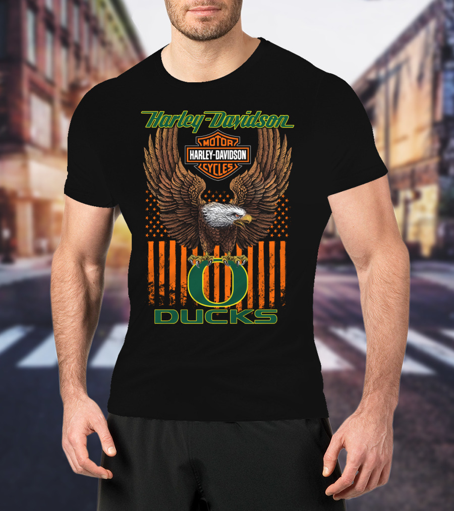 Harley Davidson Motor Cycles Oregon Ducks Eagle Stars And Stripes T-Shirt