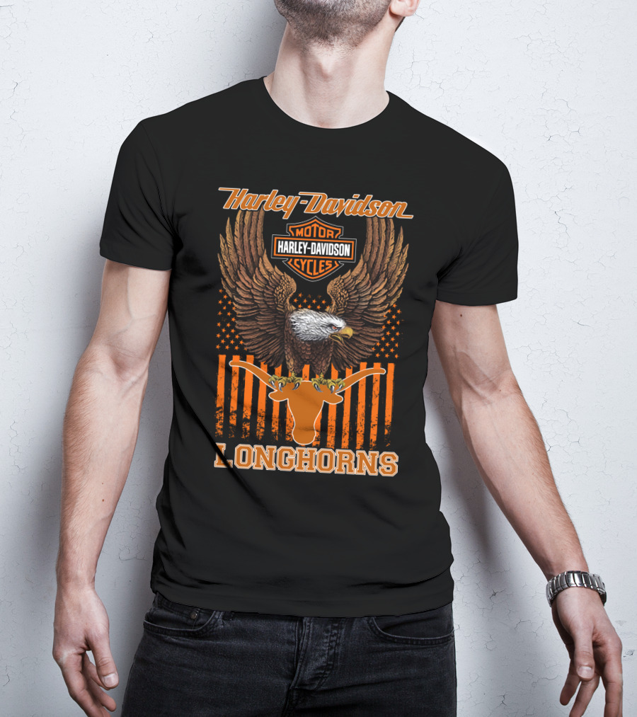 Harley Davidson Motor Cycles Eagle Stars And Stripes Longhorns T-Shirt
