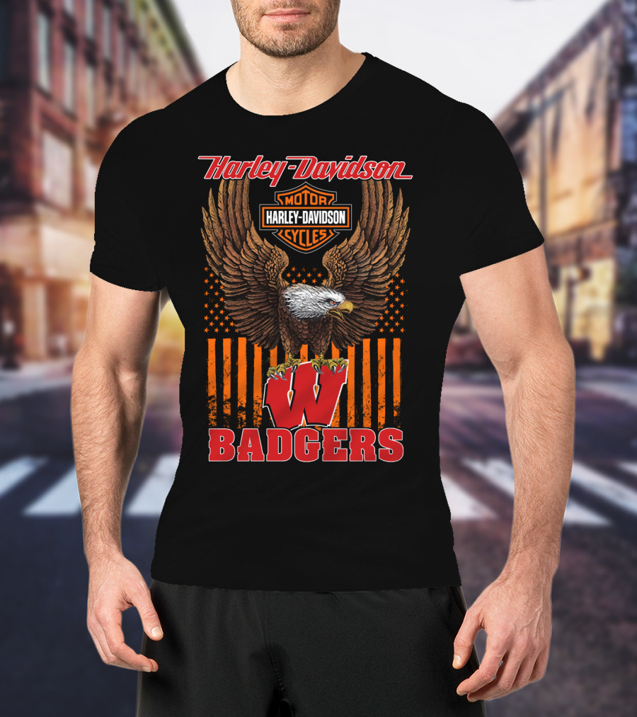 Harley Davidson Motor Cycles Wisconsin Badgers Eagle Stars And Stripes T-Shirt