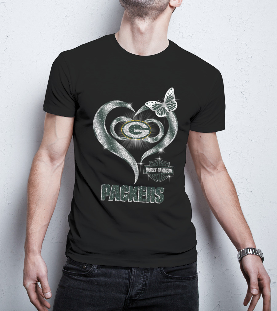 Green Bay Packers Harley Davidson Heart Butterfly T-Shirt