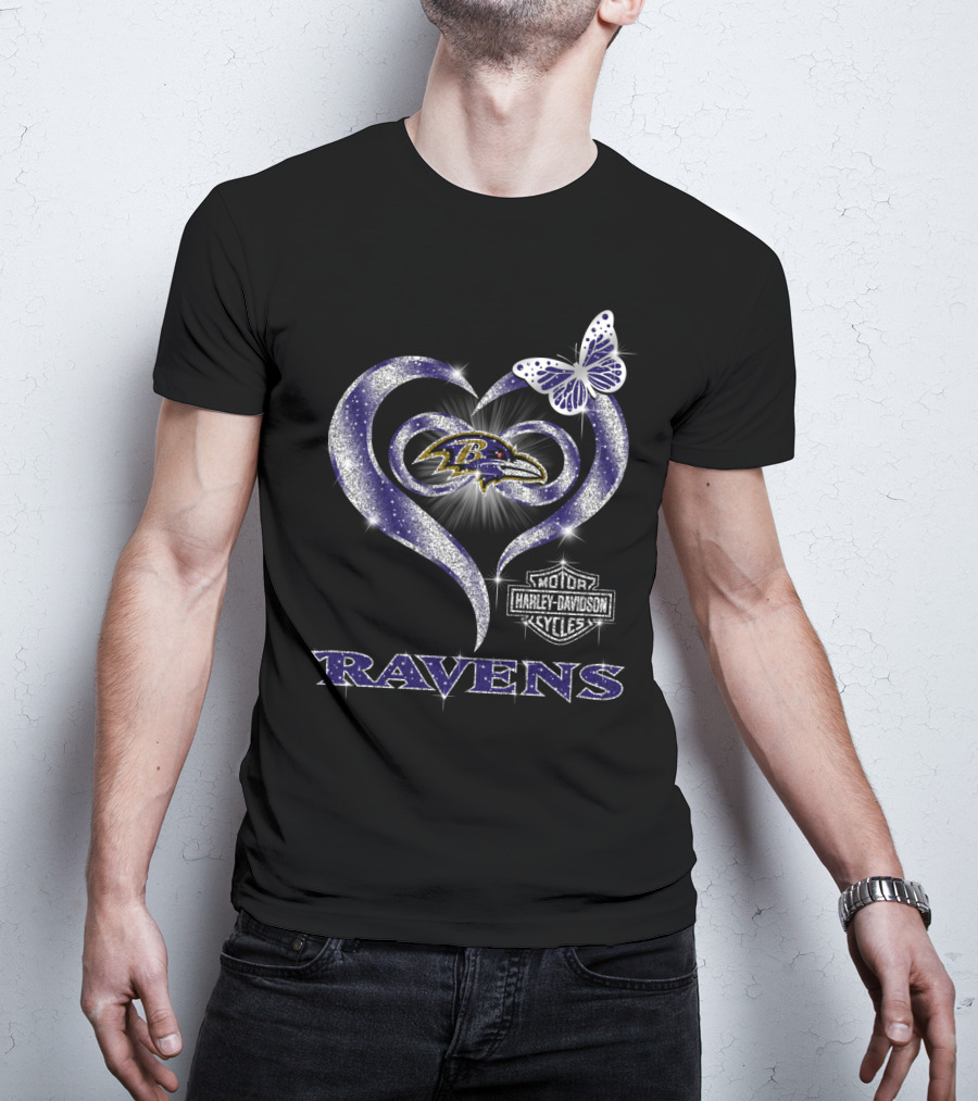 Baltimore Ravens Heart Harley Davidson Butterfly T-Shirt