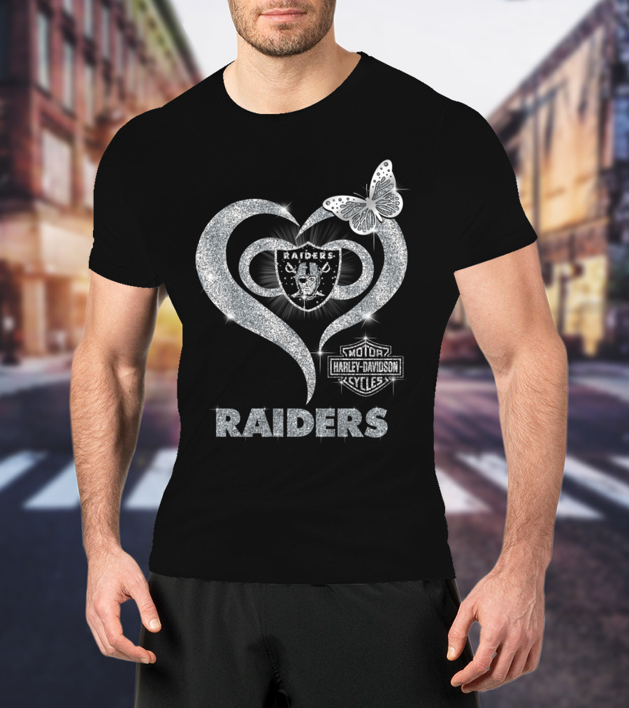 Hlh01 Raiders Harley Davidson Cycles Silver Butterfly Heart T-Shirt