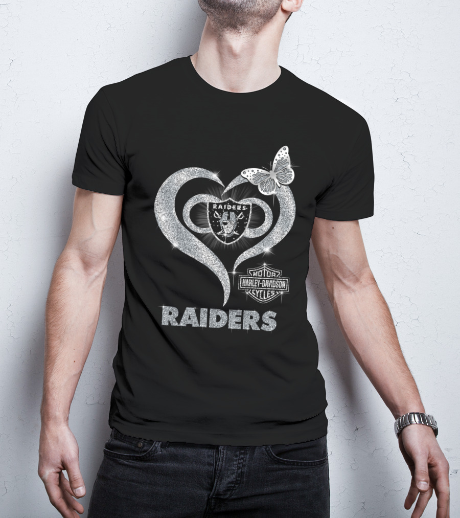 Hlh01 Raiders Harley Davidson Cycles Silver Butterfly Heart T-Shirt