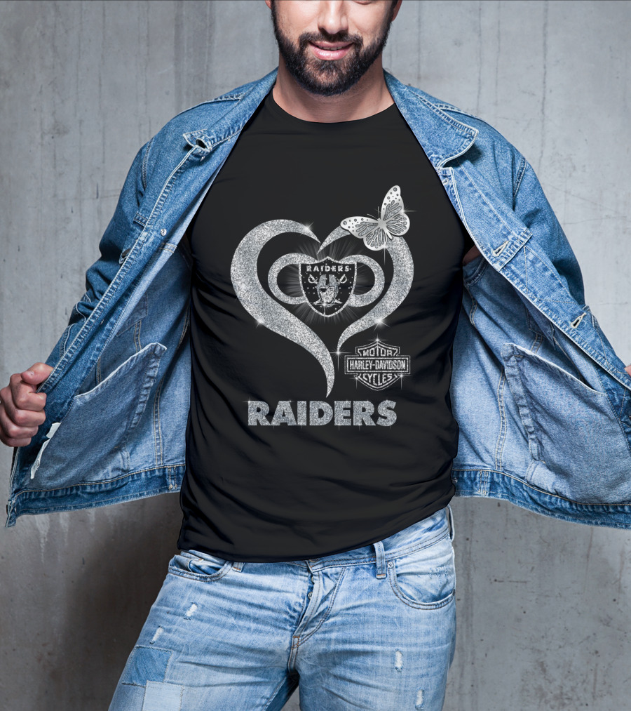 Hlh01 Raiders Harley Davidson Cycles Silver Butterfly Heart T-Shirt