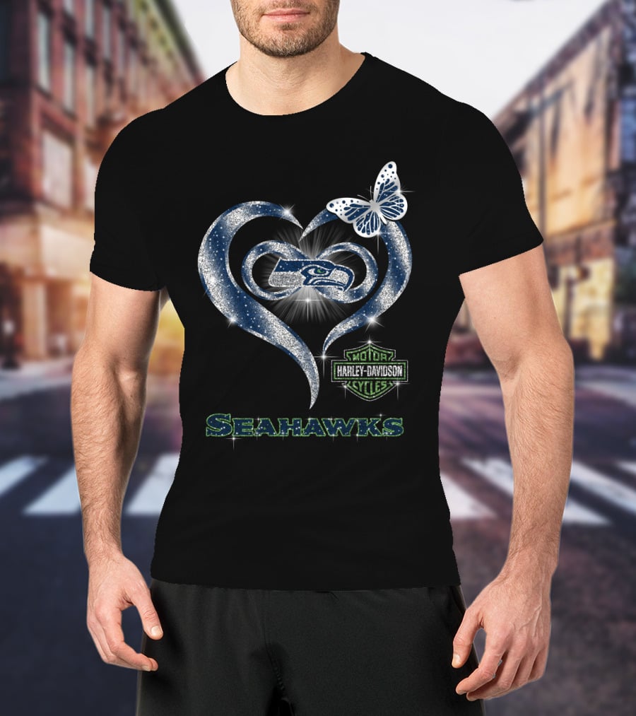 Seattle Seahawks Harley Davidson Heart Butterfly Sparkle T-Shirt
