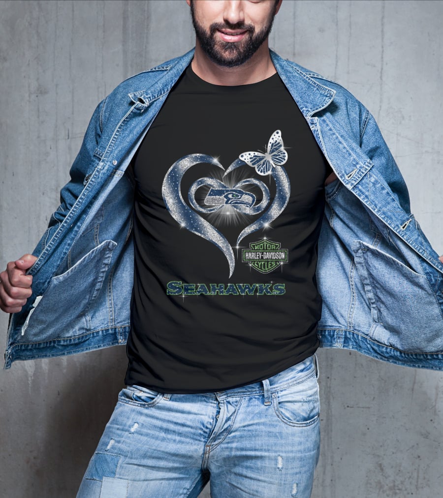 Seattle Seahawks Harley Davidson Heart Butterfly Sparkle T-Shirt