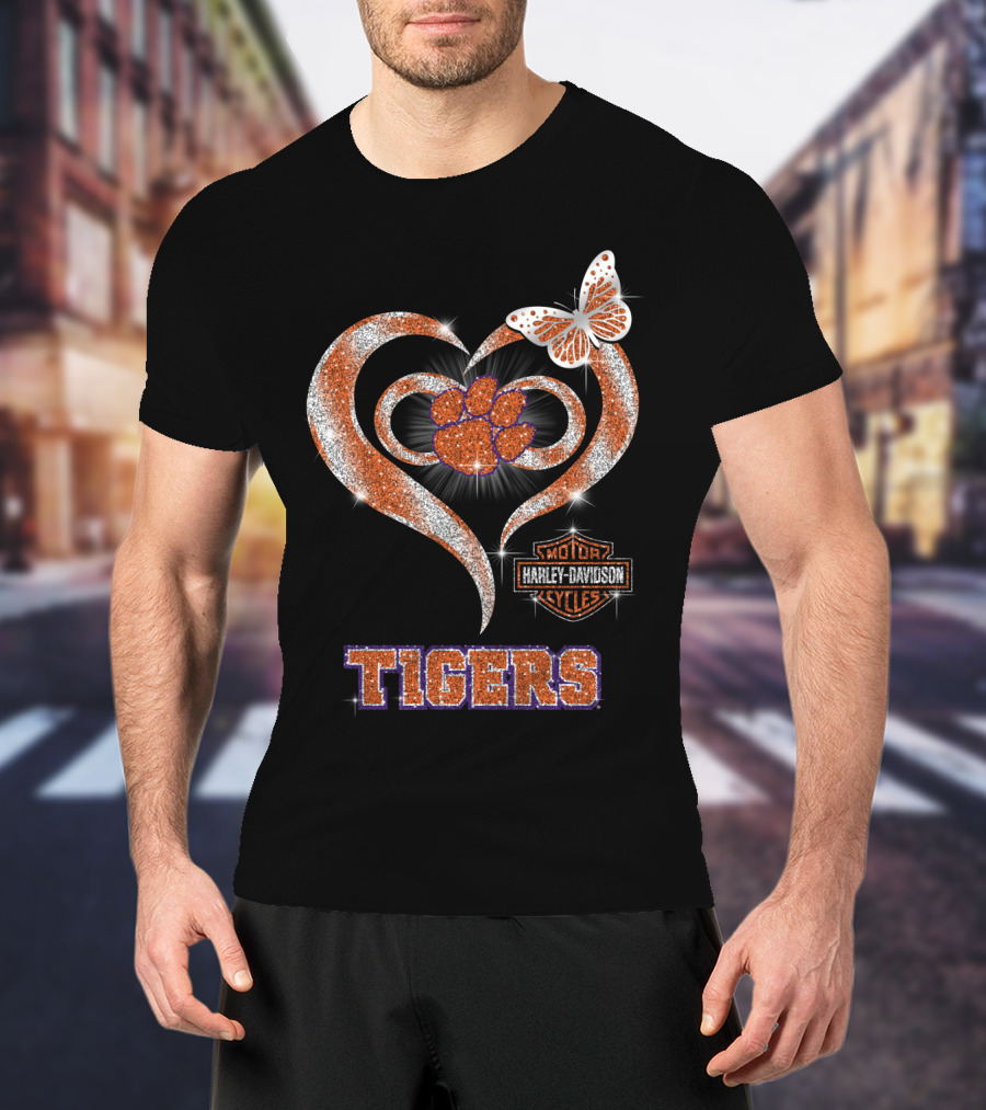 Clemson Tigers Harley Davidson Heart With Paw Print And Butterfly T-Shirt