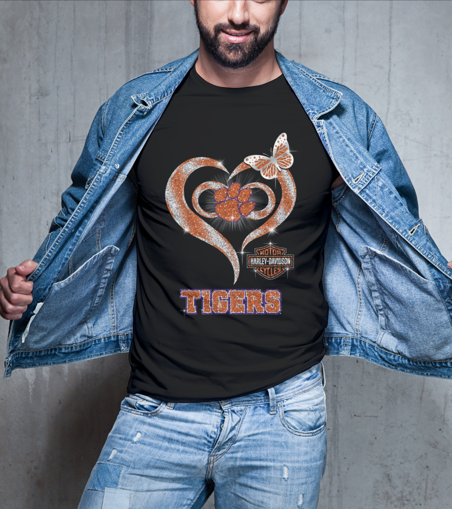 Clemson Tigers Harley Davidson Heart With Paw Print And Butterfly T-Shirt
