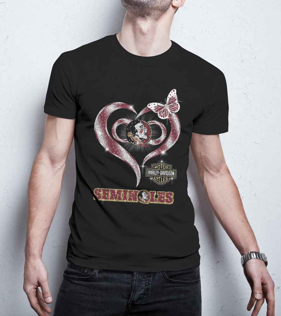 Seminoles Heart With Harley Davidson And Butterfly Motif T-Shirt