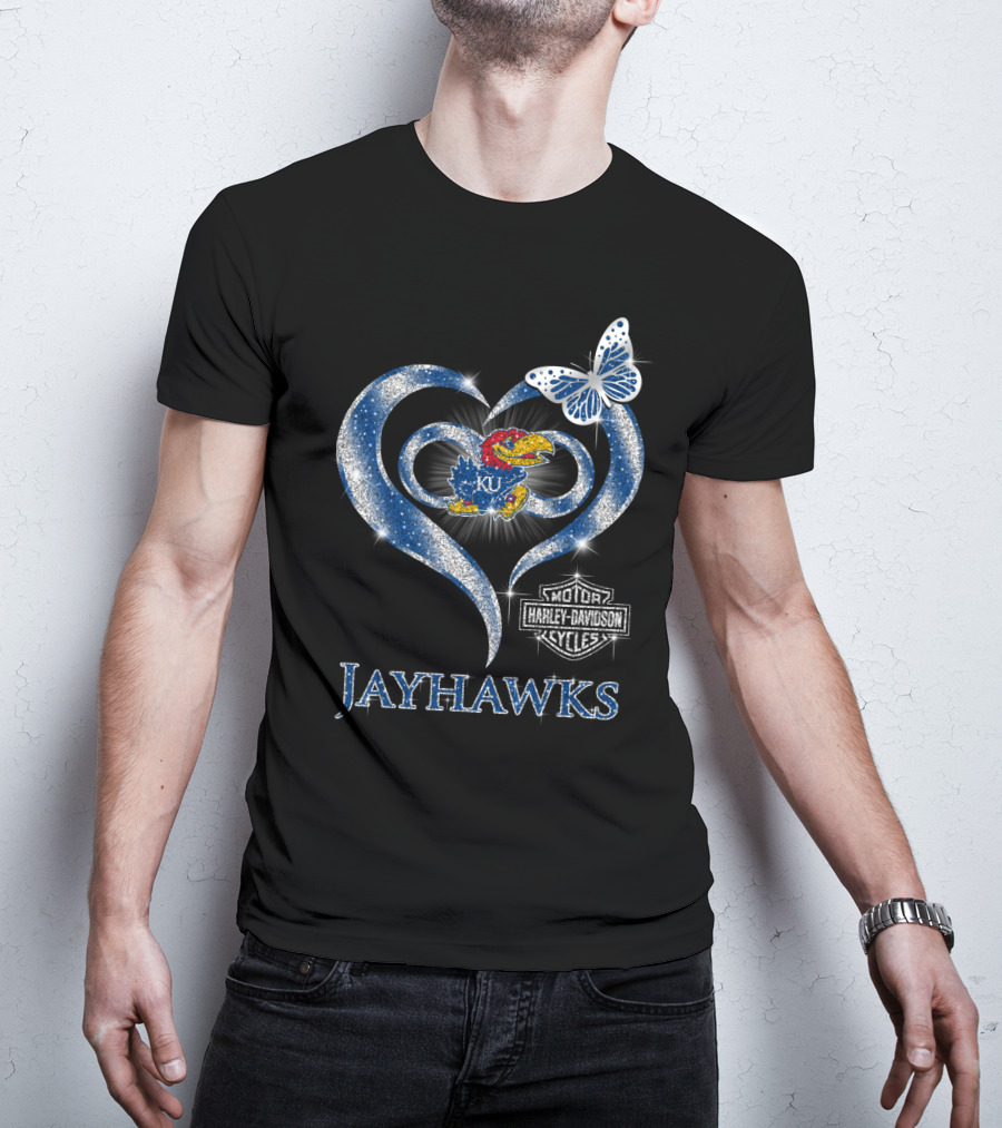 Ku Kansas Jayhawks Harley Davidson Heart Butterfly T-Shirt