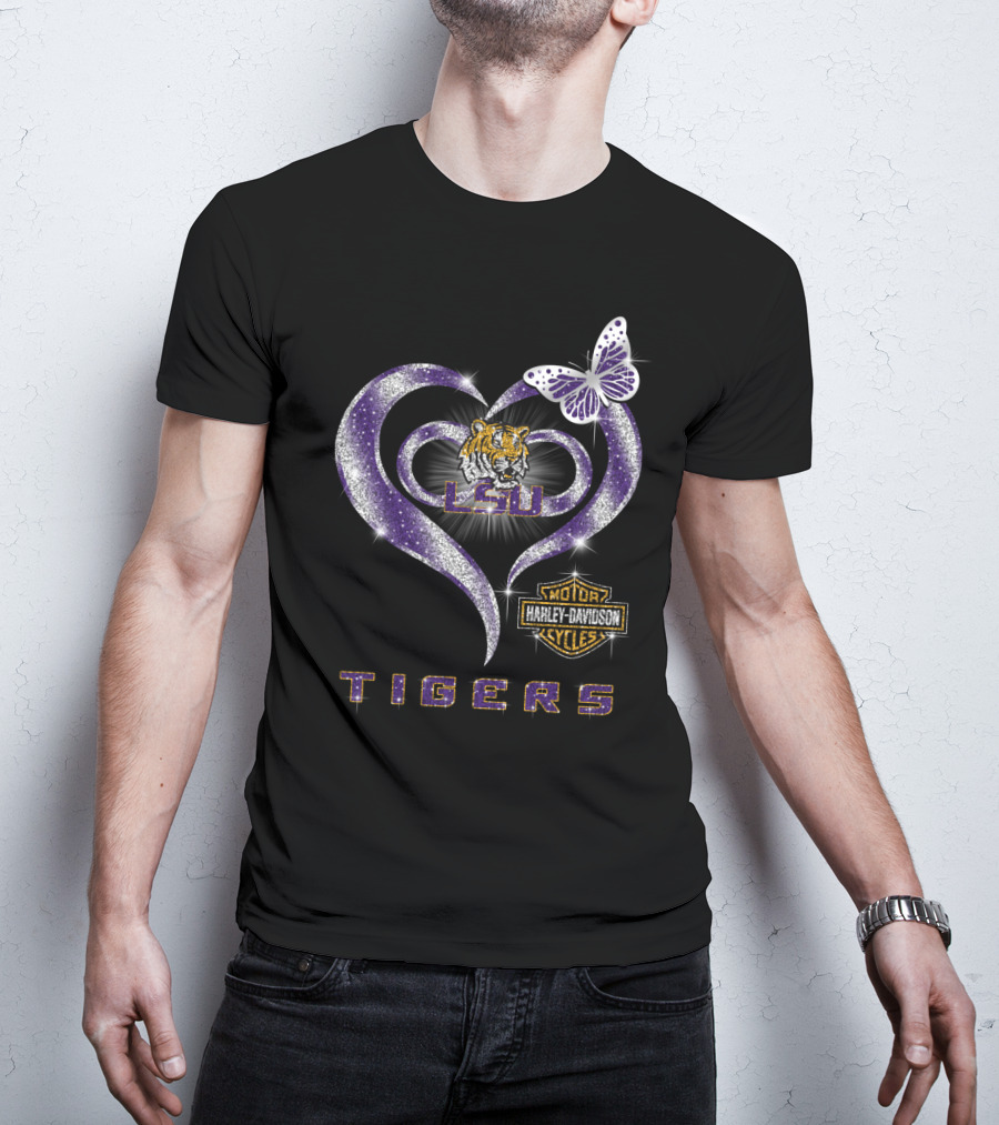 Lsu Tigers Harley Davidson Heart Butterfly T-Shirt