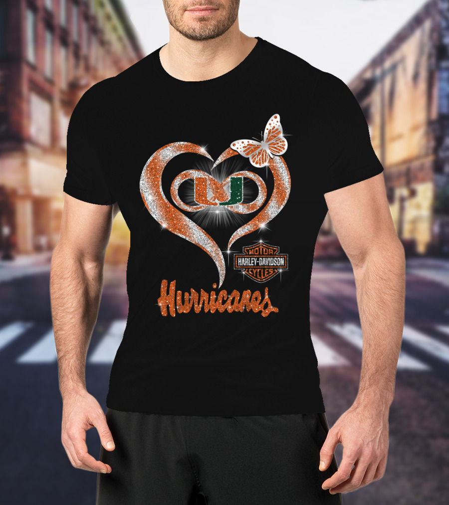 Miami Hurricanes U Heart Harley Davidson Butterfly Sparkle T-Shirt