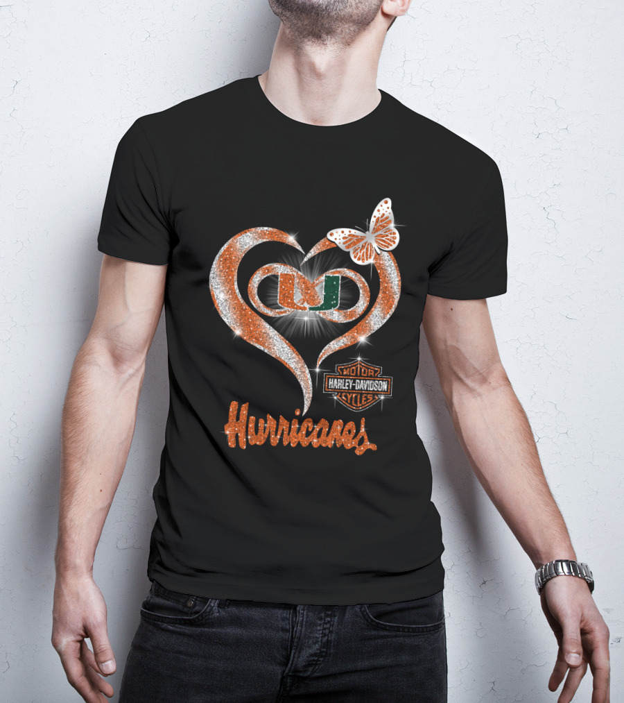 Miami Hurricanes U Heart Harley Davidson Butterfly Sparkle T-Shirt
