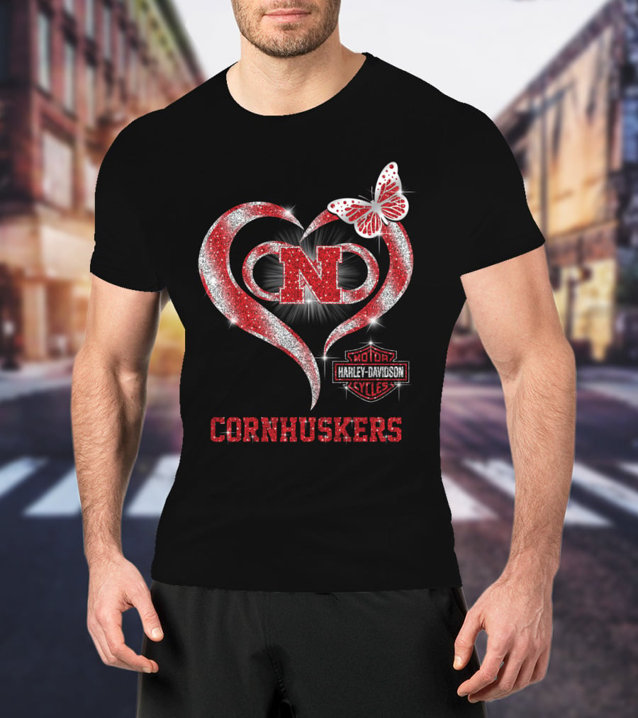 Nebraska Cornhuskers Heart Butterfly Harley Davidson Styles T-Shirt