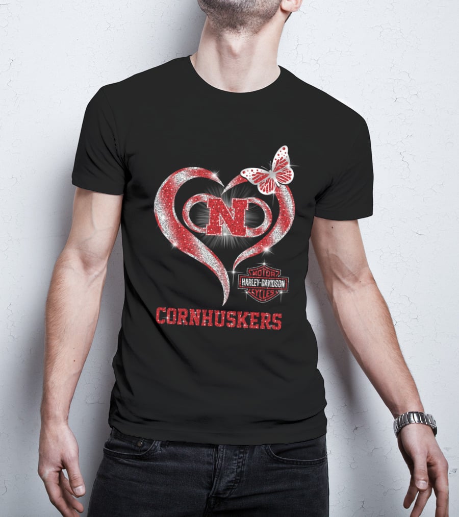 Nebraska Cornhuskers Heart Butterfly Harley Davidson Styles T-Shirt