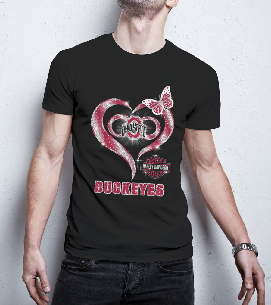 Ohio State Buckeyes Harley Davidson Heart Butterfly T-Shirt