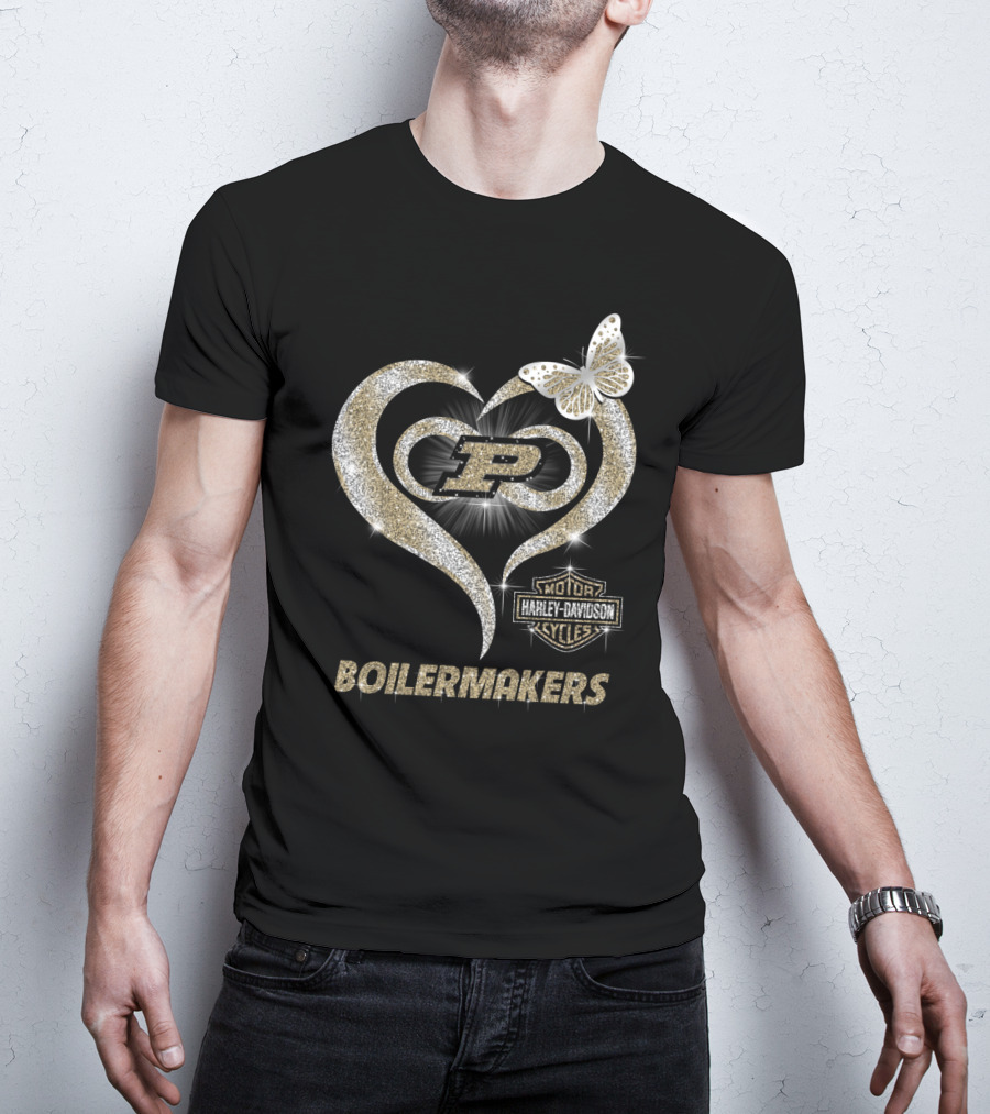 Purdue Boilermakers Harley Davidson Heart With Butterfly And P T-Shirt