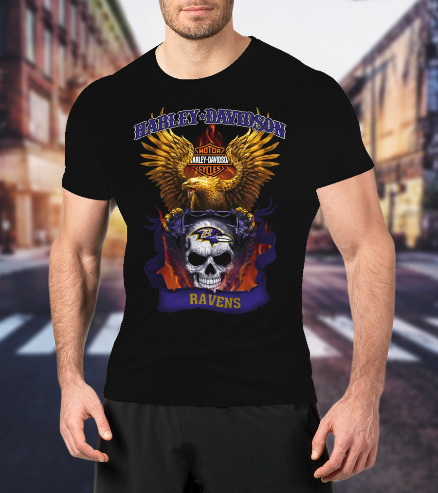 Harley Davidson Motorcycles Baltimore Ravens Eagles Skull T-Shirt