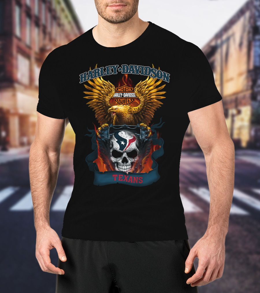 Harley Davidson Motorcycles Eagle Houston Texans Skull T-Shirt