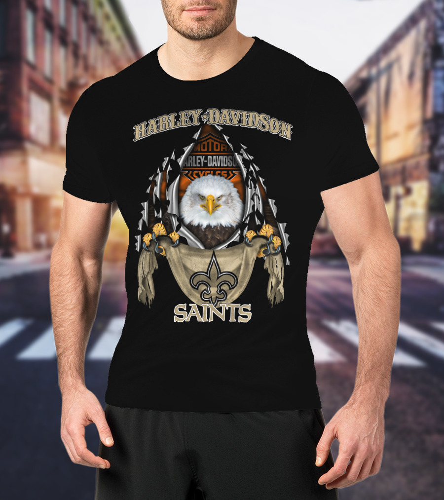 Harley Davidson Saints Fleur-De-Lis With Eagle And Motorcycle T-Shirt
